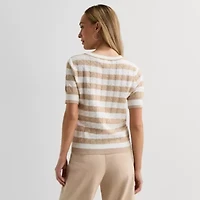 Liz Claiborne Womens Crew Neck Short Sleeve Striped Pullover Sweater