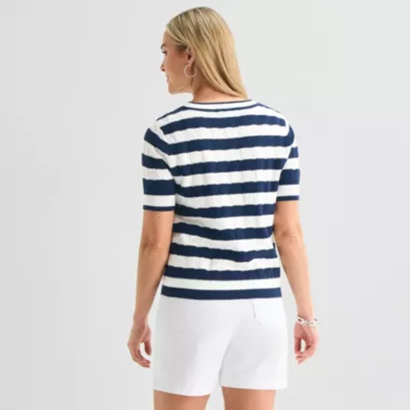 Liz Claiborne Womens Crew Neck Short Sleeve Striped Pullover Sweater