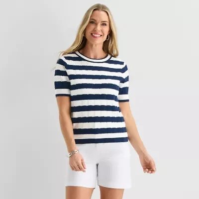 Liz Claiborne Womens Crew Neck Short Sleeve Striped Pullover Sweater