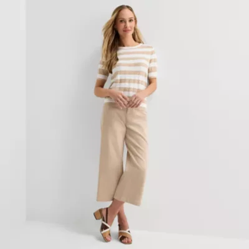 Liz Claiborne Womens Crew Neck Short Sleeve Striped Pullover Sweater