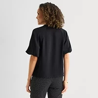 Liz Claiborne Womens Split Crew Neck Short Sleeve Satin Blouse