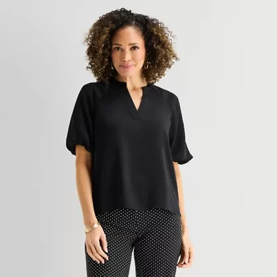 Liz Claiborne Womens Split Crew Neck Short Sleeve Satin Blouse