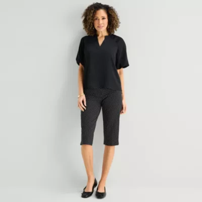 Liz Claiborne Womens Split Crew Neck Short Sleeve Satin Blouse