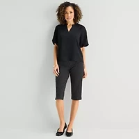 Liz Claiborne Womens Split Crew Neck Short Sleeve Satin Blouse