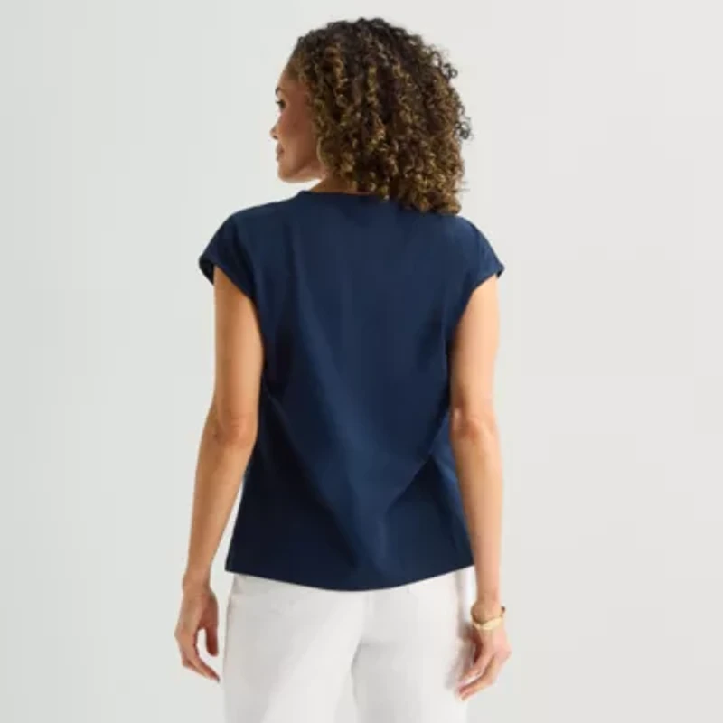 Liz Claiborne Womens Crew Neck Short Sleeve Embroidered Blouse