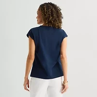 Liz Claiborne Womens Crew Neck Short Sleeve Embroidered Blouse