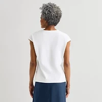 Liz Claiborne Womens Crew Neck Short Sleeve Embroidered Blouse