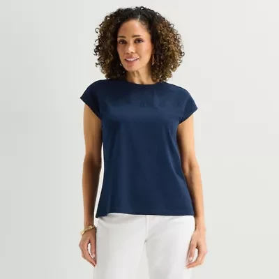Liz Claiborne Womens Crew Neck Short Sleeve Embroidered Blouse