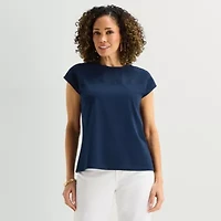 Liz Claiborne Womens Crew Neck Short Sleeve Embroidered Blouse