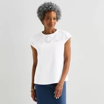 Liz Claiborne Womens Crew Neck Short Sleeve Embroidered Blouse