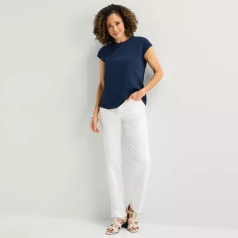 Liz Claiborne Womens Crew Neck Short Sleeve Embroidered Blouse