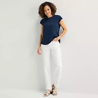 Liz Claiborne Womens Crew Neck Short Sleeve Embroidered Blouse