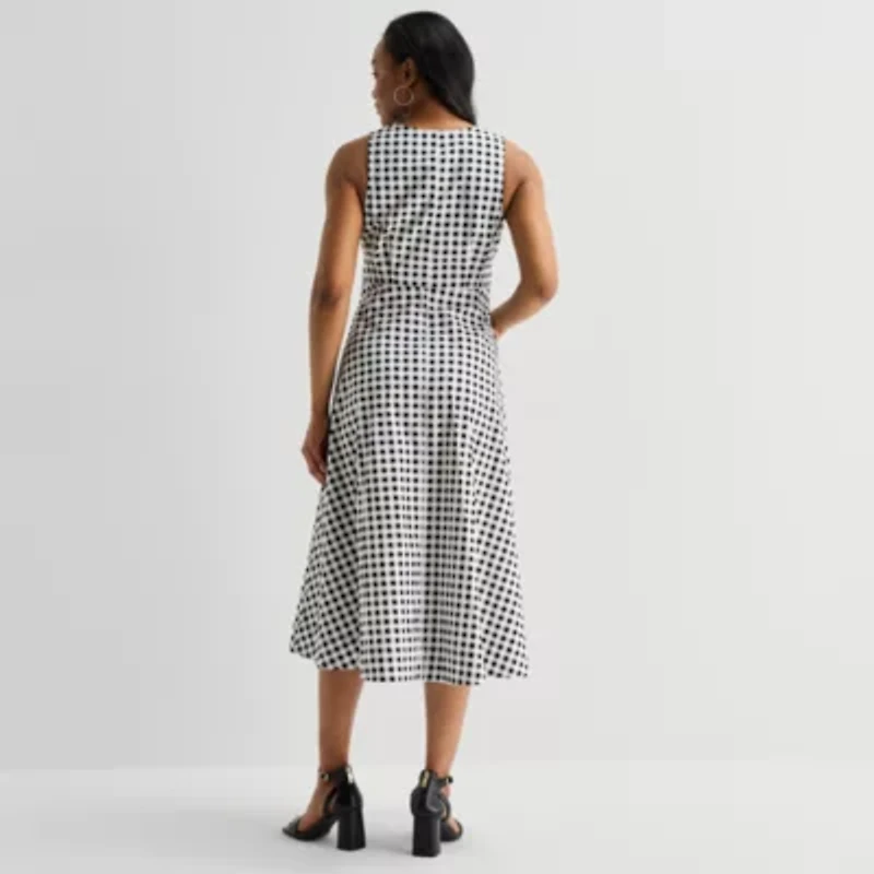 Liz Claiborne Womens Sleeveless Midi Gingham A-Line Dress