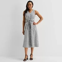 Liz Claiborne Womens Sleeveless Midi Gingham A-Line Dress
