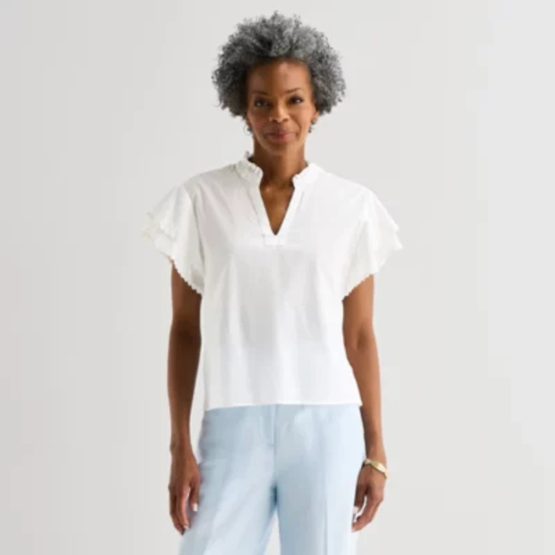 Liz Claiborne Womens Split Crew Neck Blouse