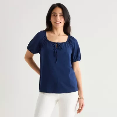 St. John's Bay Womens Split Tie Neck Short Sleeve Blouse