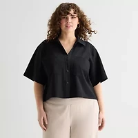 Stylus Womens Plus V Neck Short Sleeve Camp Shirt