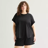 Stylus Woven Dolman Tee Womens Plus Crew Neck Short Sleeve T-Shirt