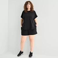 Stylus Woven Dolman Tee Womens Plus Crew Neck Short Sleeve T-Shirt