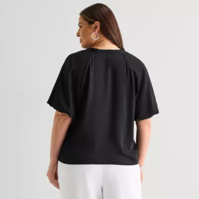 Liz Claiborne Womens Plus V Neck Short Sleeve Satin Blouse