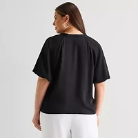 Liz Claiborne Womens Plus V Neck Short Sleeve Satin Blouse