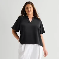Liz Claiborne Womens Plus V Neck Short Sleeve Satin Blouse