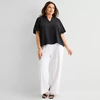 Liz Claiborne Womens Plus V Neck Short Sleeve Satin Blouse