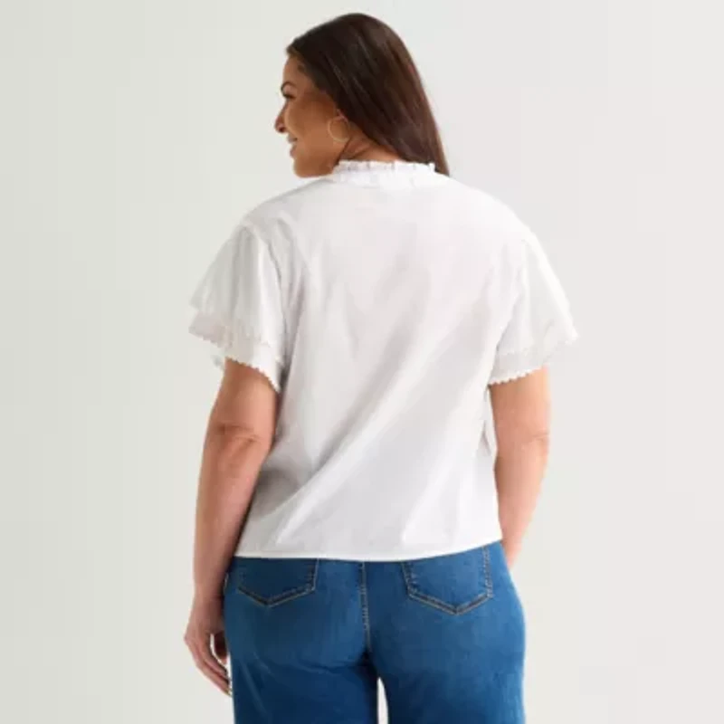 Liz Claiborne Womens Plus V Neck Short Sleeve Blouse