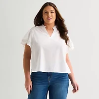 Liz Claiborne Womens Plus V Neck Short Sleeve Blouse