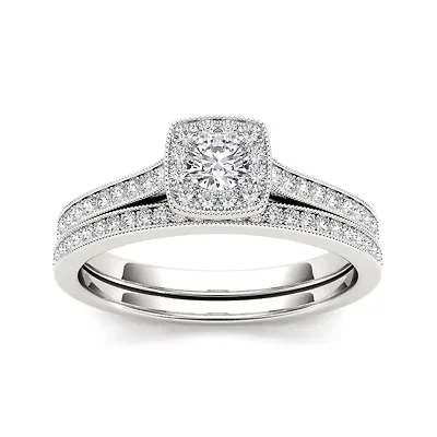 1/2 CT.T.W. Natural Diamond 10K White Gold Halo Bridal Ring Set