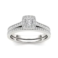 1/2 CT.T.W. Natural Diamond 10K White Gold Halo Bridal Ring Set