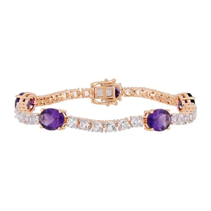 Womens Genuine Purple Amethyst 18K Rose Gold Over Silver Tennis Bracelet