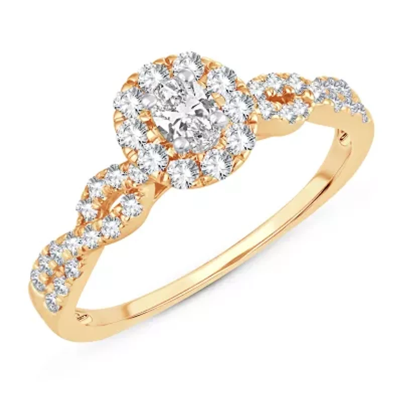 Womens 1/2 CT. T.W. Natural White Diamond 10K Gold Oval Side Stone Halo Engagement Ring