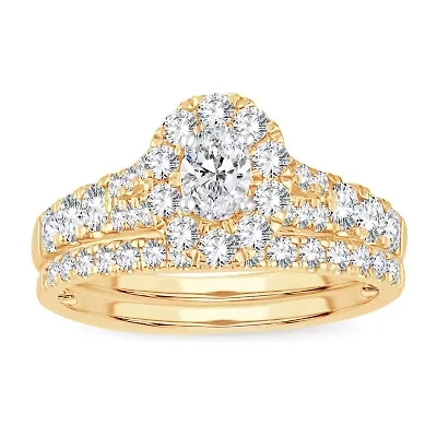 Womens CT. T.W. Natural White Diamond 10K Gold Oval Side Stone Halo Bridal Set