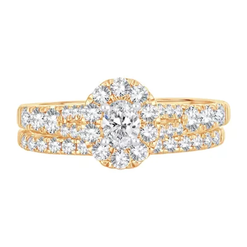 Womens CT. T.W. Natural White Diamond 10K Gold Oval Side Stone Halo Bridal Set