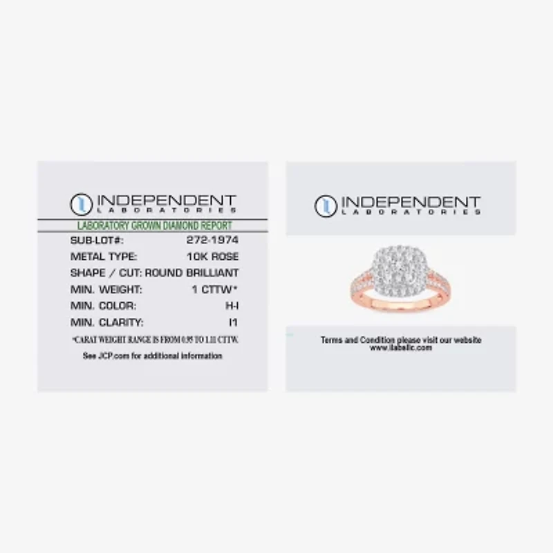 (H-I / I1) Womens 1 CT. T.W. Lab Grown White Diamond 10K or 14K Gold Cushion Side Stone Halo Engagement Ring