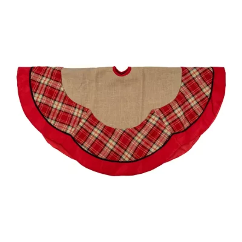 48'' Burlap and Red Plaid Christmas Tree Skirt with Scalloped Border