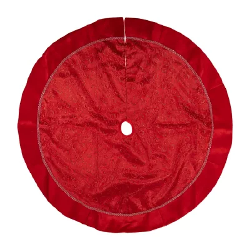 48'' Red Glittered Swirl Sheer Organza Christmas Tree Skirt with Velvet Trim