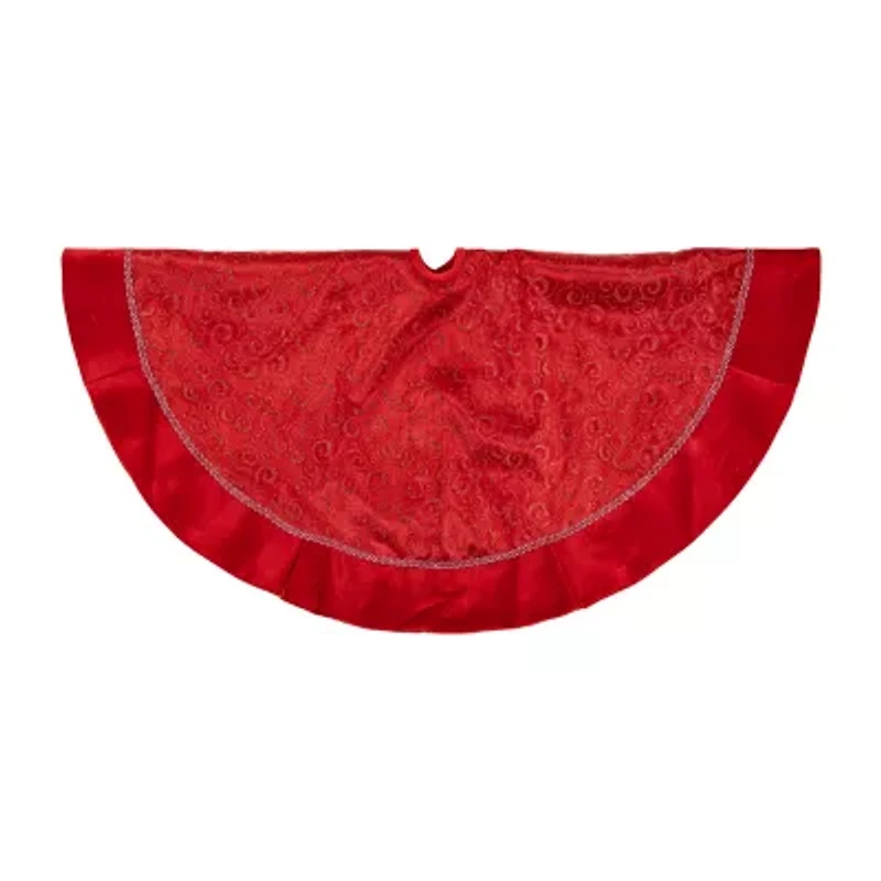 48'' Red Glittered Swirl Sheer Organza Christmas Tree Skirt with Velvet Trim
