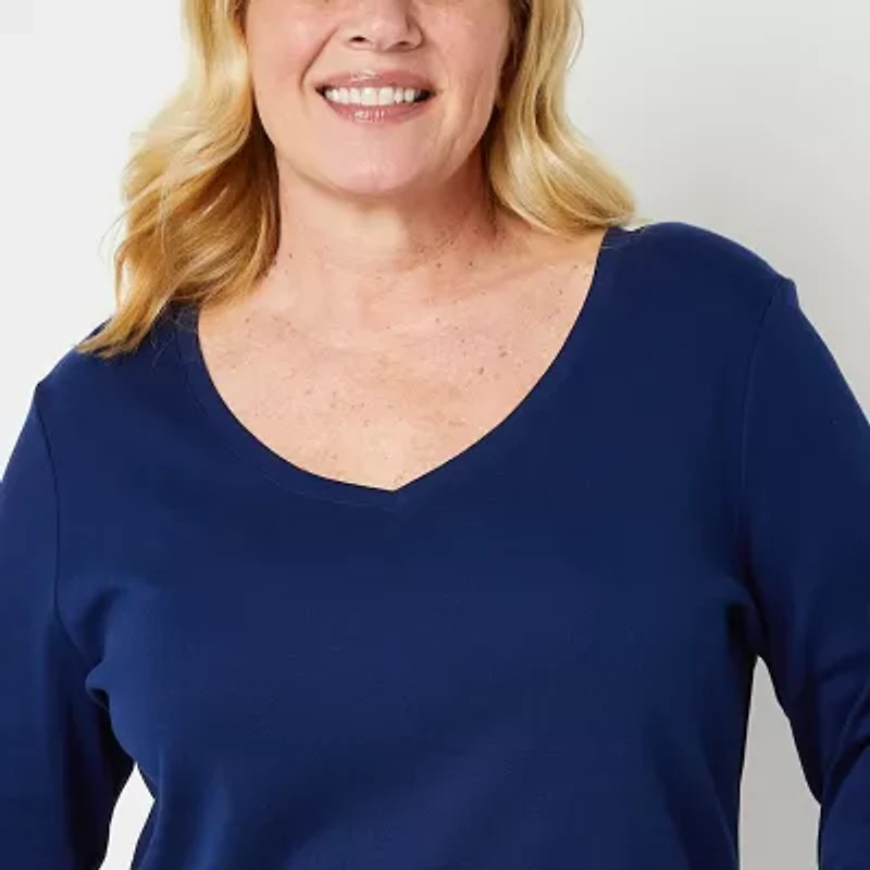 St. John's Bay Womens Plus V Neck 3/4 Sleeve T-Shirt