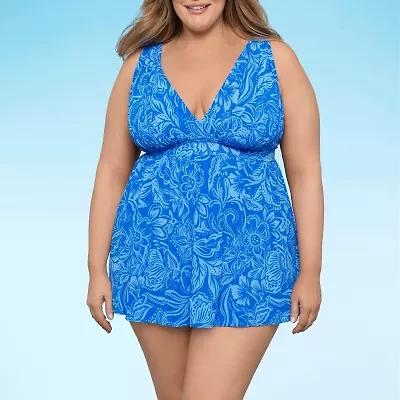Sonnet Shores Womens Exotic Floral Plus Swim Dress