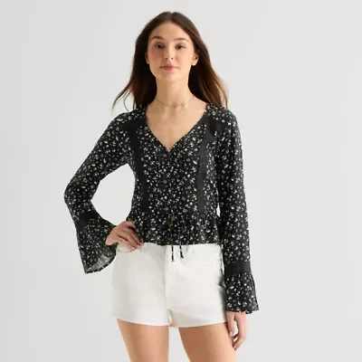 Arizona Womens Juniors Round Neck Long Sleeve Blouse