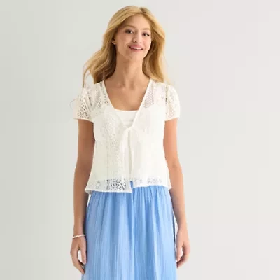 Arizona Womens Juniors Short Sleeve Lace Blouse