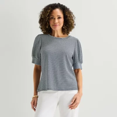 Liz Claiborne Textured Womens Crew Neck Short Sleeve Blouse