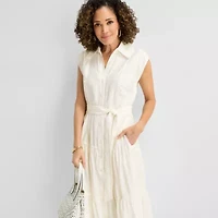 Liz Claiborne Womens Short Sleeve Midi Shirt Dress