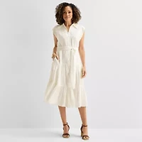 Liz Claiborne Womens Short Sleeve Midi Shirt Dress