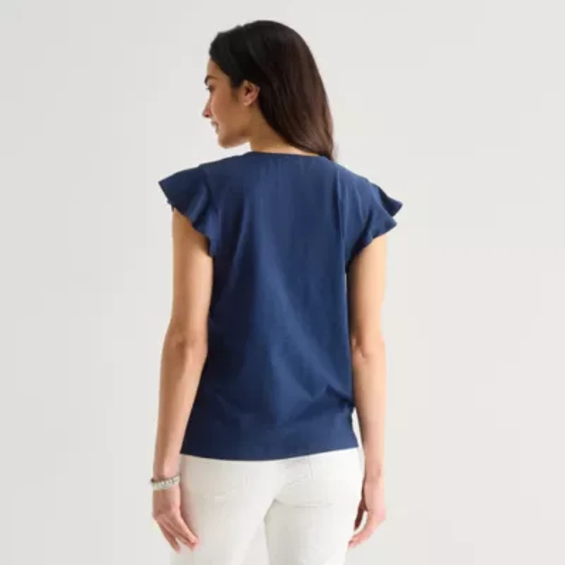 St. John's Bay Womens Split Crew Neck Short Sleeve Blouse