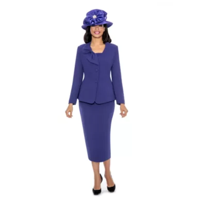 Giovanna Signature Women's Mock 3-piece Bow Collar Skirt Suit- Plus