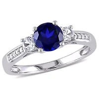 Womens Diamond Accent Lab Created Blue Sapphire 10K White Gold 3-Stone Side Stone Cocktail Ring