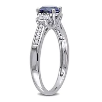 Womens Diamond Accent Lab Created Blue Sapphire 10K White Gold 3-Stone Side Stone Cocktail Ring